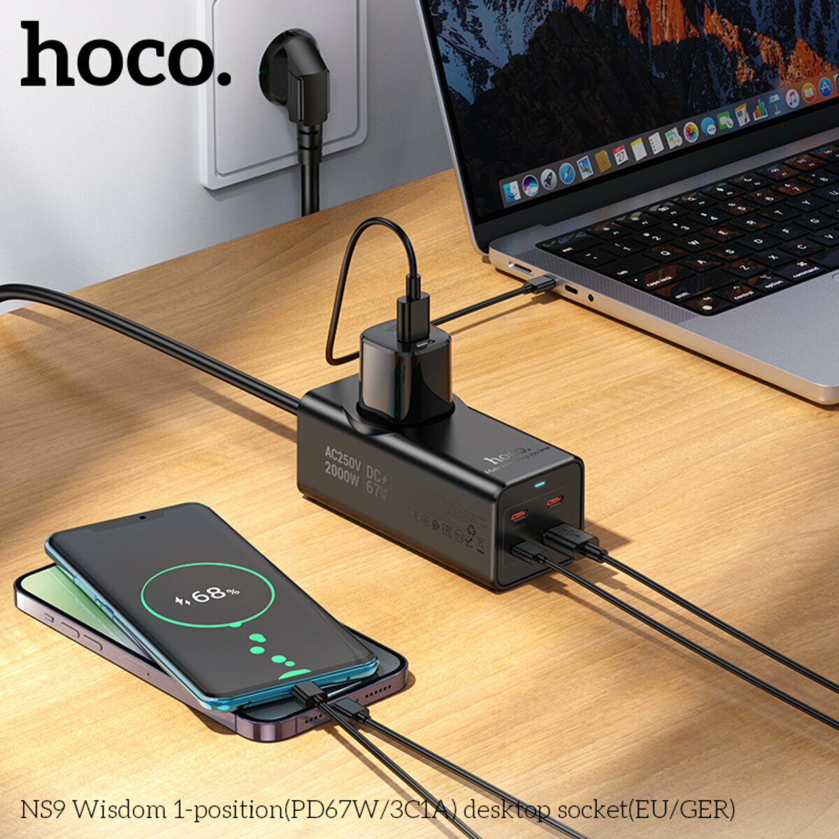 Сетевой фильтр Hoco NS9 Wisdom (1 розетка+USB-A+3USB-C) PD67W 2м черный (HC-NS9-Black) смотреть фото №8