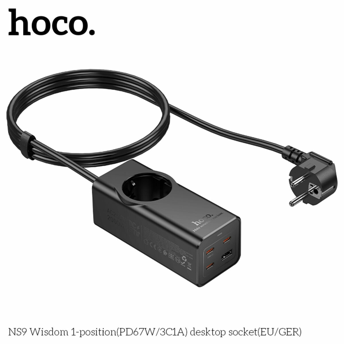 Сетевой фильтр Hoco NS9 Wisdom (1 розетка+USB-A+3USB-C) PD67W 2м черный (HC-NS9-Black) смотреть фото №7