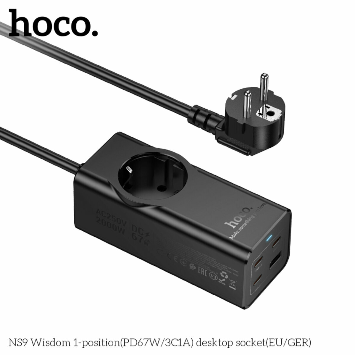 Сетевой фильтр Hoco NS9 Wisdom (1 розетка+USB-A+3USB-C) PD67W 2м черный (HC-NS9-Black) смотреть фото №5