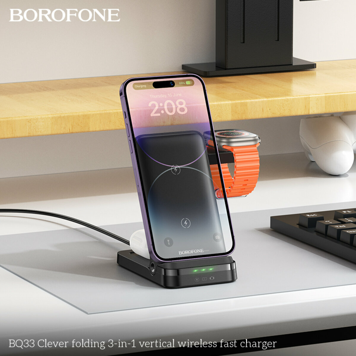 Бездротовий зарядний пристрій Borofone BQ33 3в1 чорний (BF-BQ33-Black) дивитися фото №5
