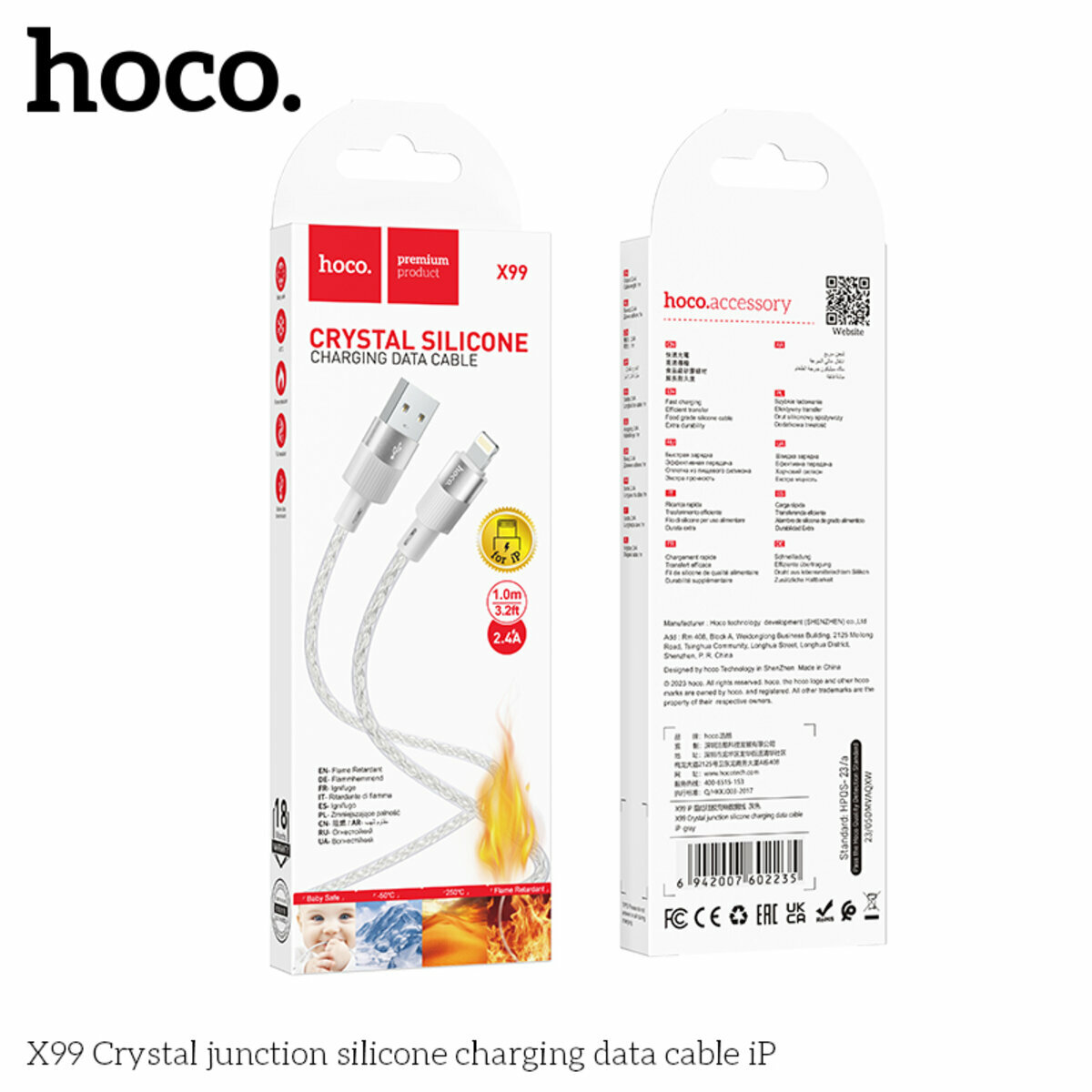 Кабель Hoco X99 Crystal junction silicone USB to Lightning 1м сірий (HC-X99-UL-Gray) дивитися фото №2
