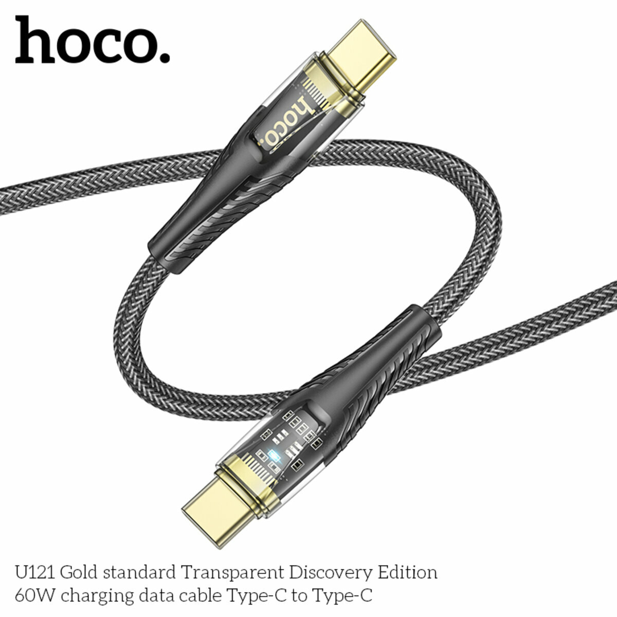 Кабель Hoco U121 Gold standard Transparent 60W Type-C toType-C 1,2м черный (HC-U121-CC-Black) смотреть фото №8