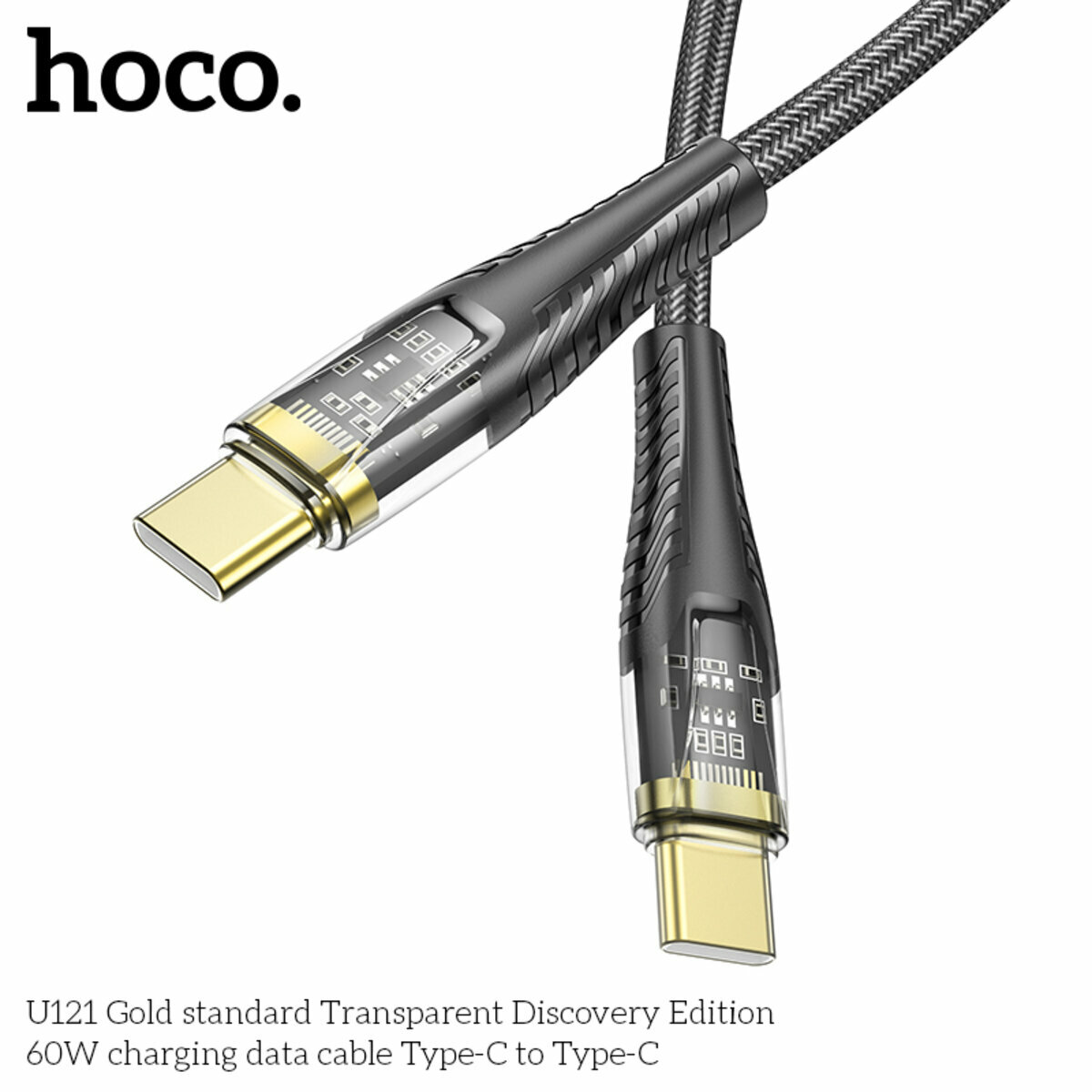 Кабель Hoco U121 Gold standard Transparent 60W Type-C toType-C 1,2м черный (HC-U121-CC-Black) смотреть фото №7