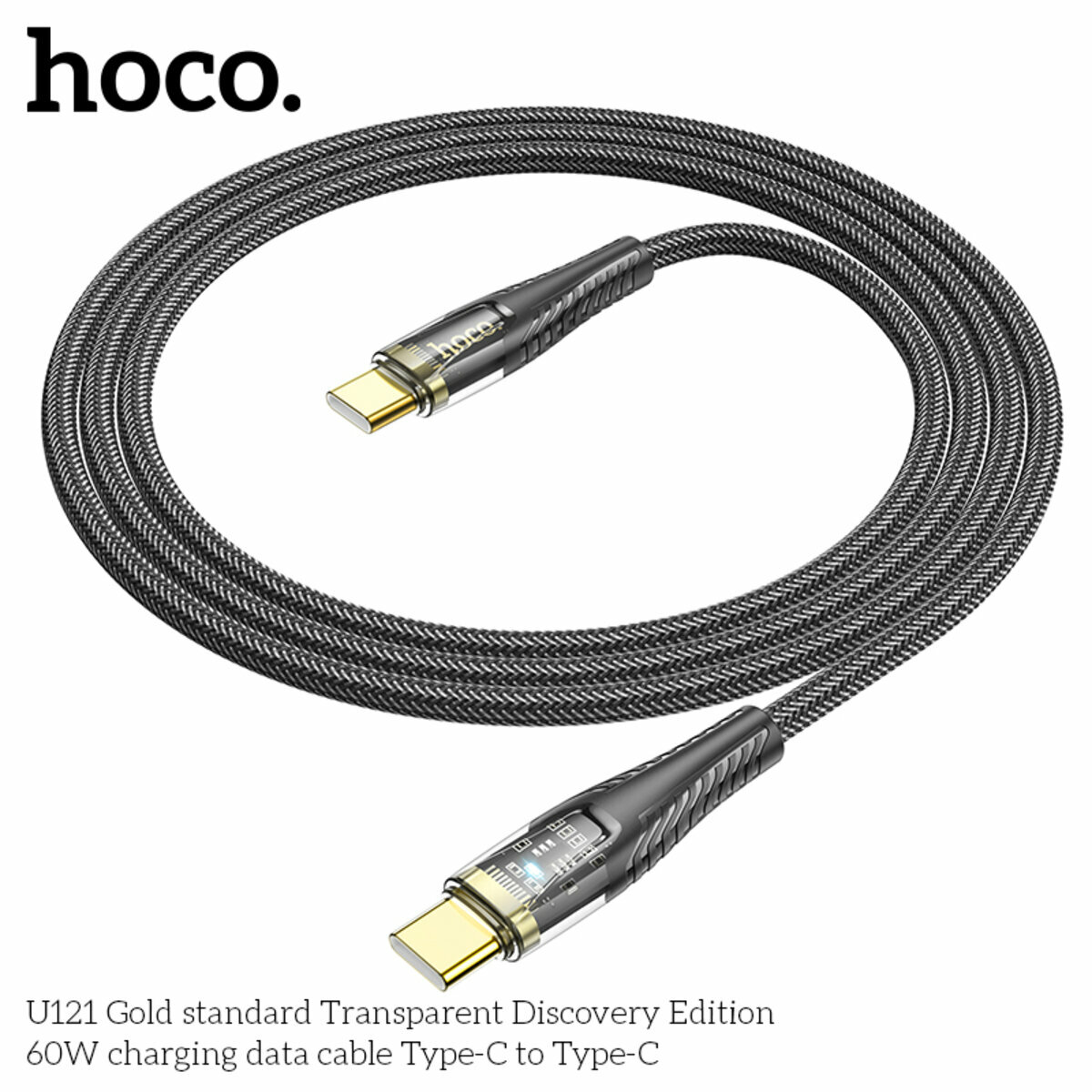 Кабель Hoco U121 Gold standard Transparent 60W Type-C toType-C 1,2м черный (HC-U121-CC-Black) смотреть фото №5