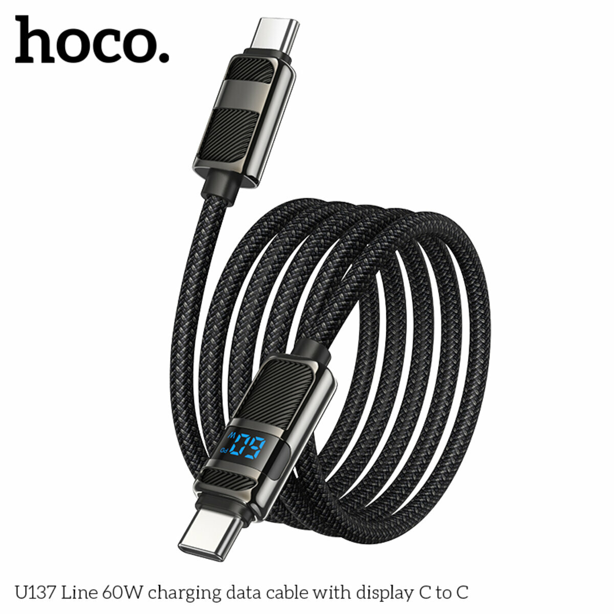 Кабель Hoco U137 Line 60W с дисплеем Type-C to Type-C 1.2м черный (HC-U137-CC-Black) смотреть фото №4