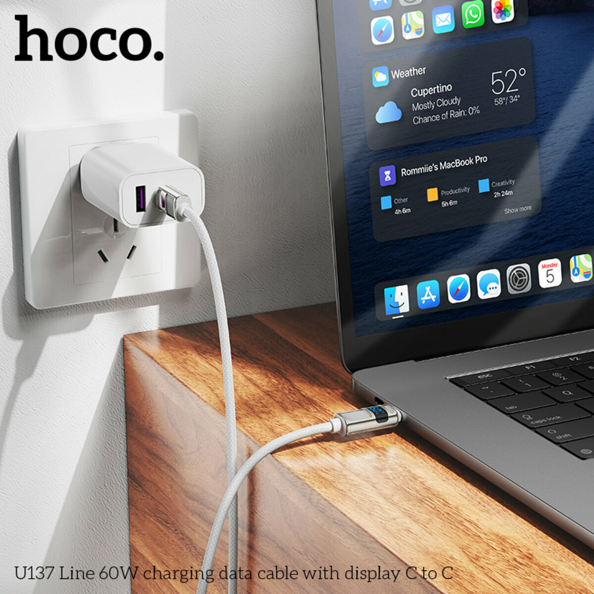 Кабель Hoco U137 Line 60W с дисплеем Type-C to Type-C 1.2м черный (HC-U137-CC-Black) смотреть фото №2