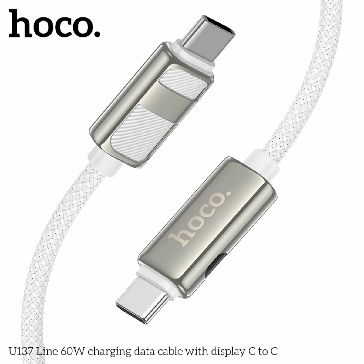 Кабель Hoco U137 Line 60W с дисплеем Type-C to Type-C 1.2м белый (HC-U137-CC-White) смотреть фото №5