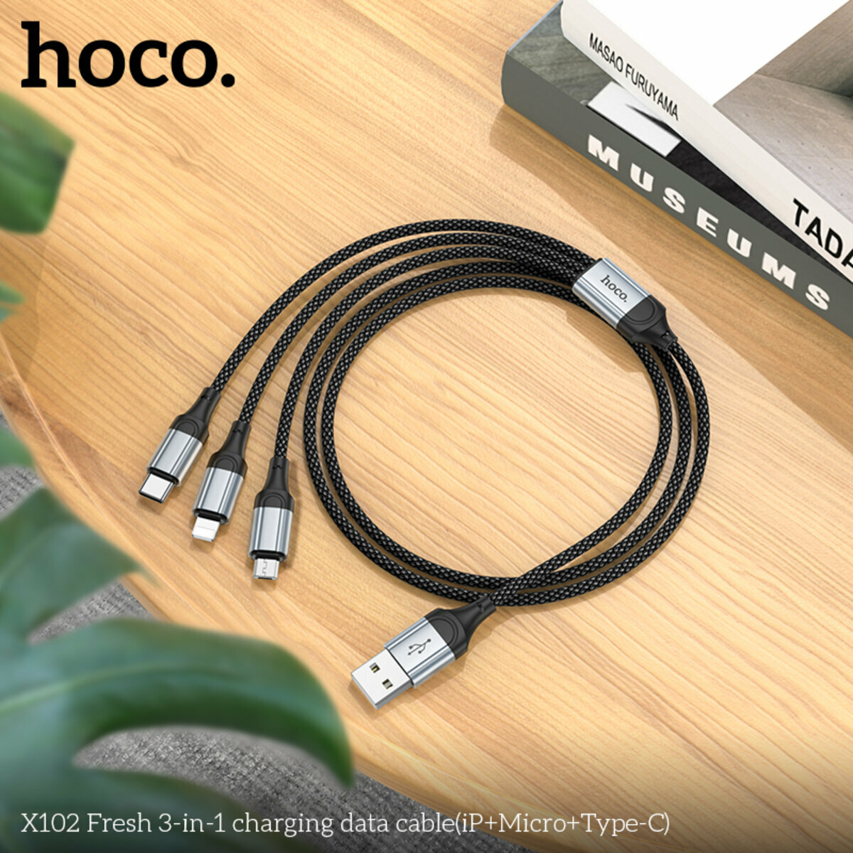 Кабель Hoco X102 Fresh 3в1 USB to Lightning+MicroUSB+Type-C 1м чорний (HC-X102-3in1-Black) дивитися фото №3