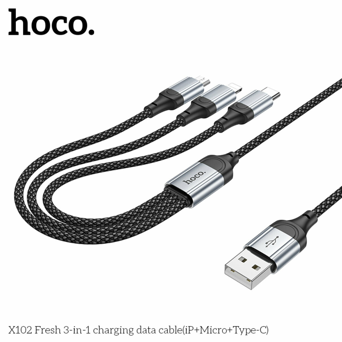 Кабель Hoco X102 Fresh 3в1 USB to Lightning+MicroUSB+Type-C 1м чорний (HC-X102-3in1-Black) дивитися фото №6