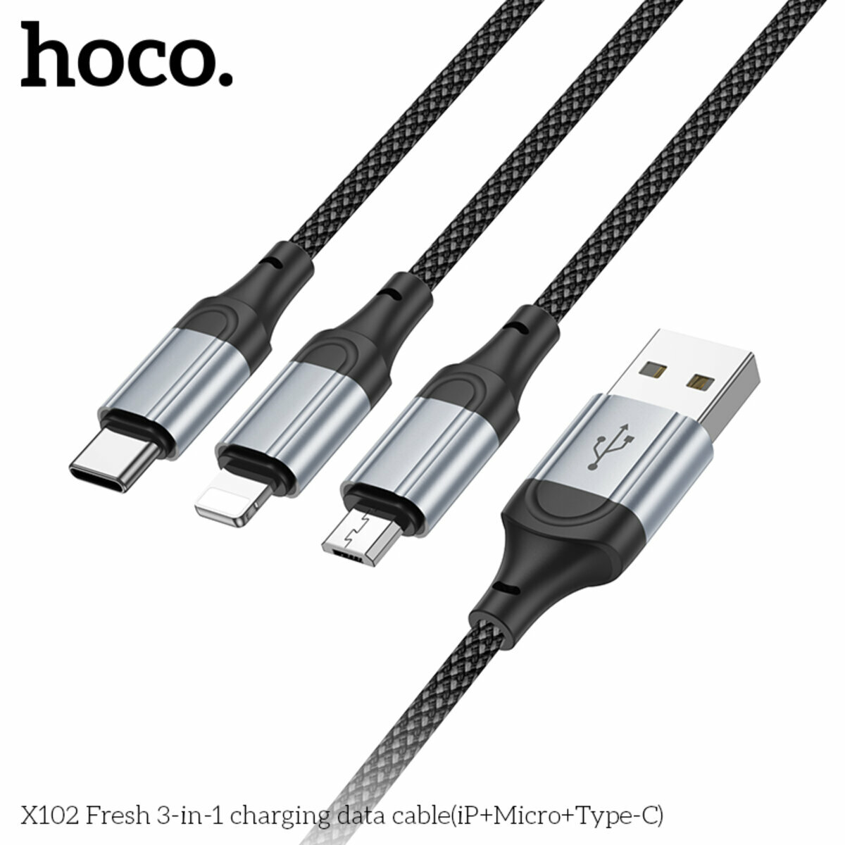 Кабель Hoco X102 Fresh 3в1 USB to Lightning+MicroUSB+Type-C 1м чорний (HC-X102-3in1-Black) дивитися фото №8