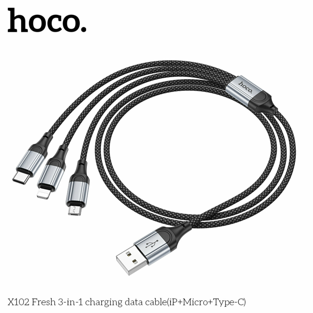 Кабель Hoco X102 Fresh 3в1 USB to Lightning+MicroUSB+Type-C 1м чорний (HC-X102-3in1-Black) дивитися фото №5