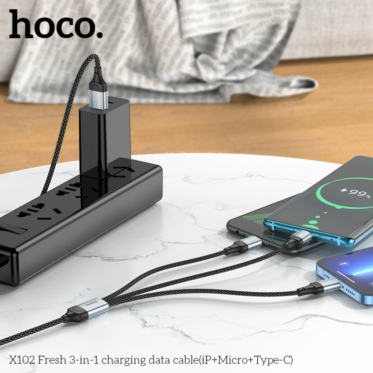 Кабель Hoco X102 Fresh 3в1 USB to Lightning+MicroUSB+Type-C 1м чорний (HC-X102-3in1-Black) дивитися фото №4