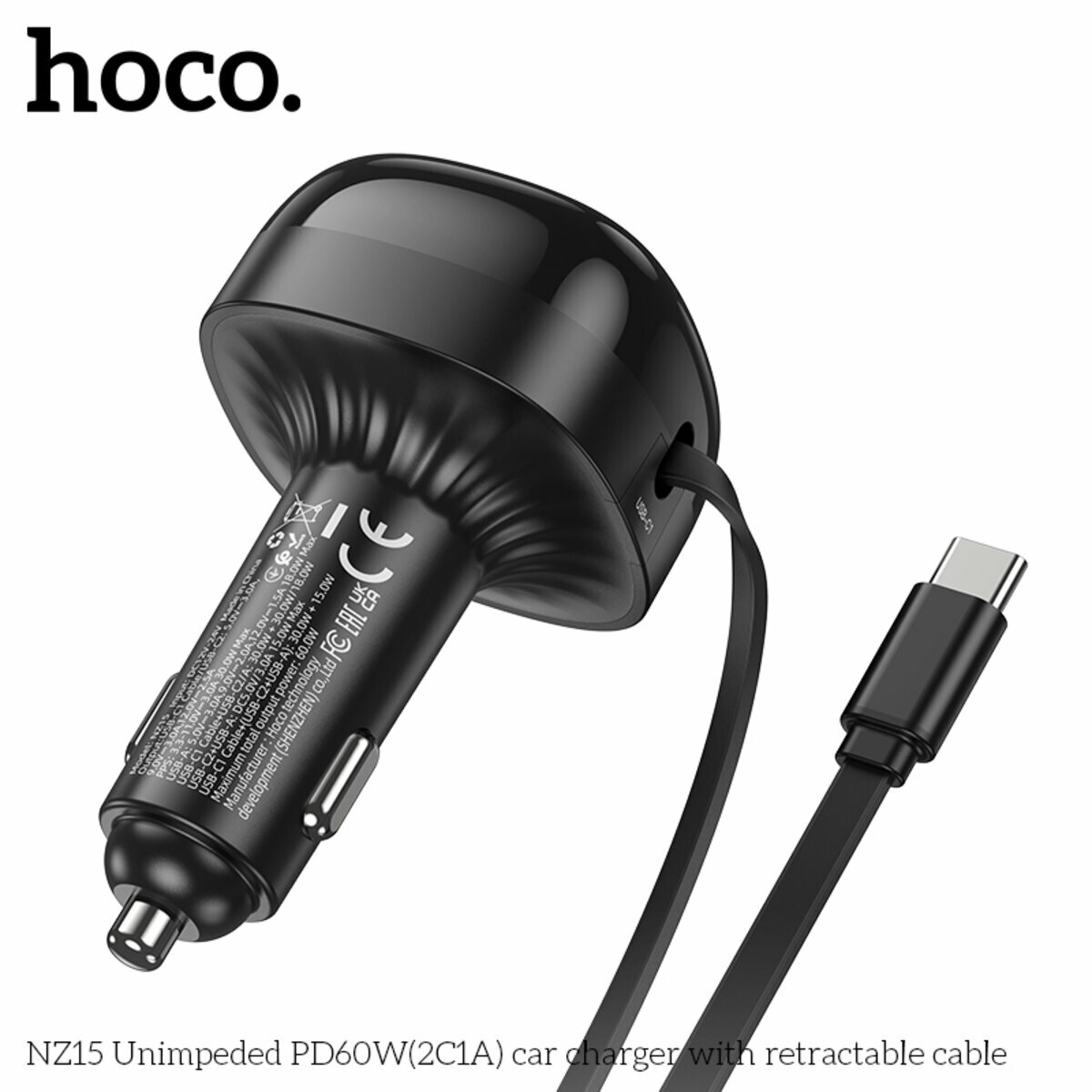 Автомобільний зарядний пристрій Hoco NZ15 Unimpeded PD60W(2C1A) з кабелем чорний (HC-NZ15-Black) дивитися фото №3