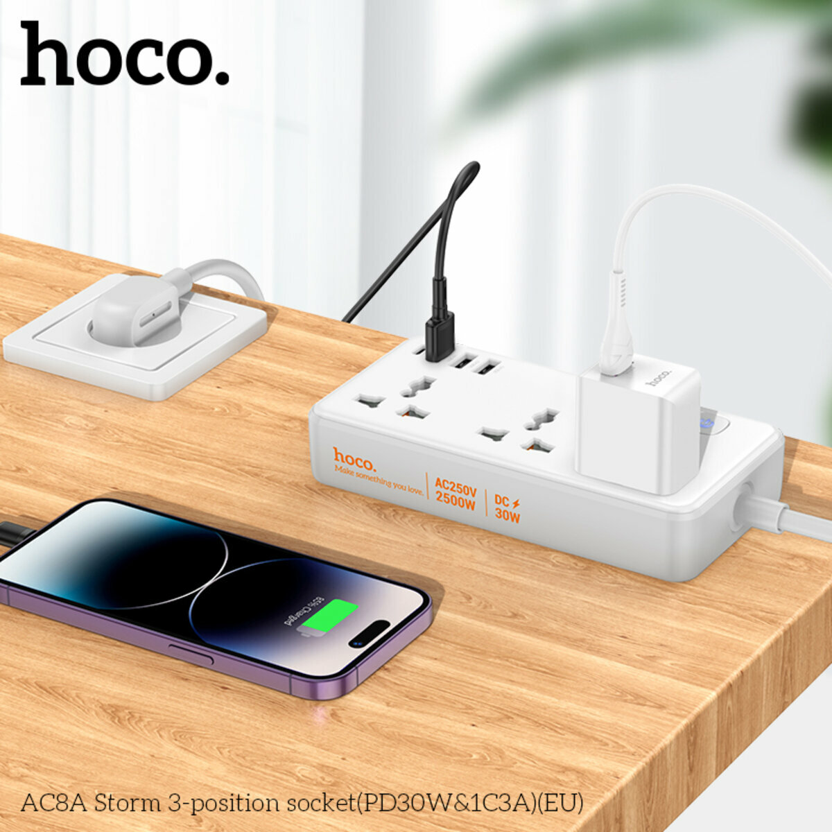 Сетевой фильтр Hoco AC8A Storm (3 розетки+3USB-A+USB-C) PD30W 1,5м черный (HC-AC8A-Black) смотреть фото №3