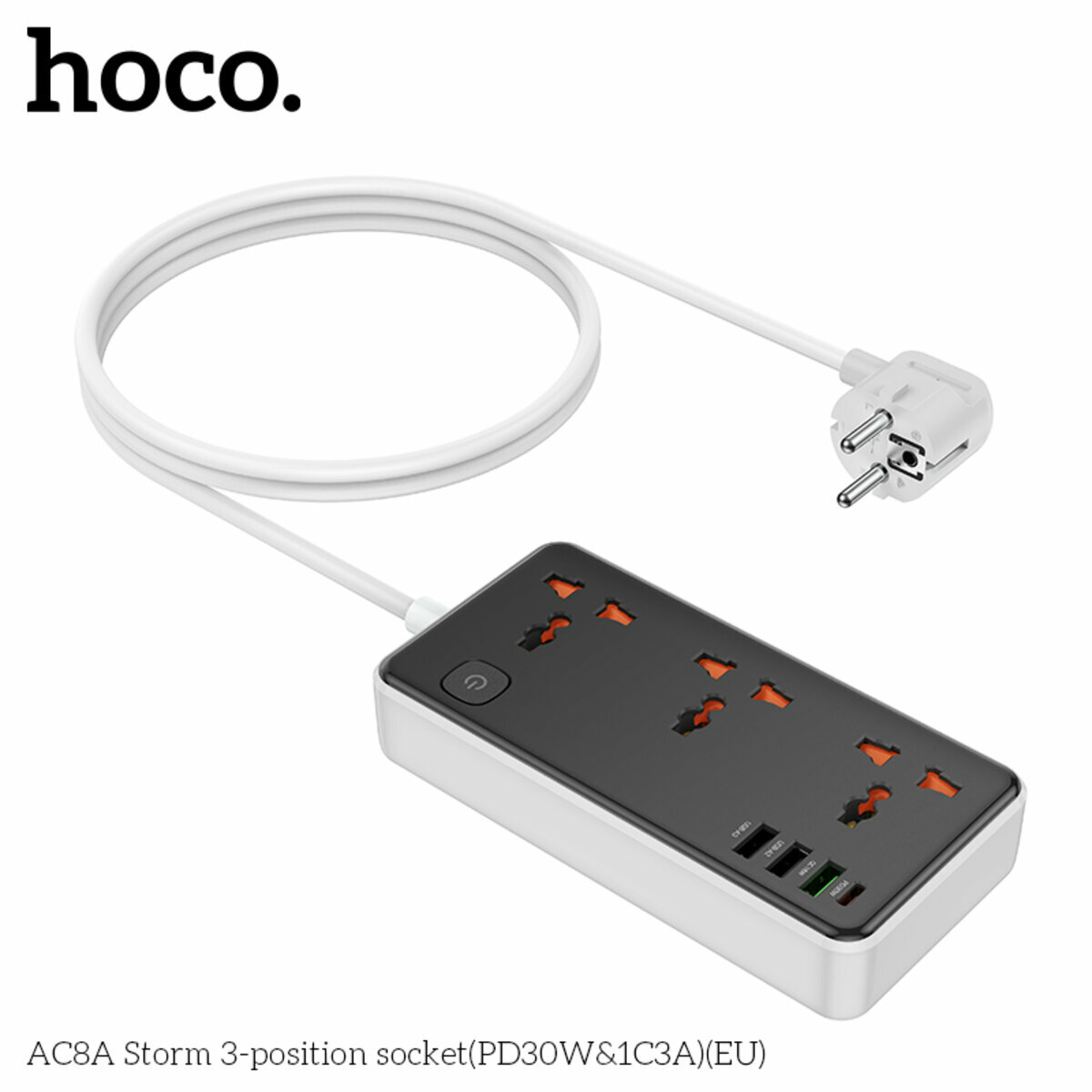 Сетевой фильтр Hoco AC8A Storm (3 розетки+3USB-A+USB-C) PD30W 1,5м черный (HC-AC8A-Black) смотреть фото №2