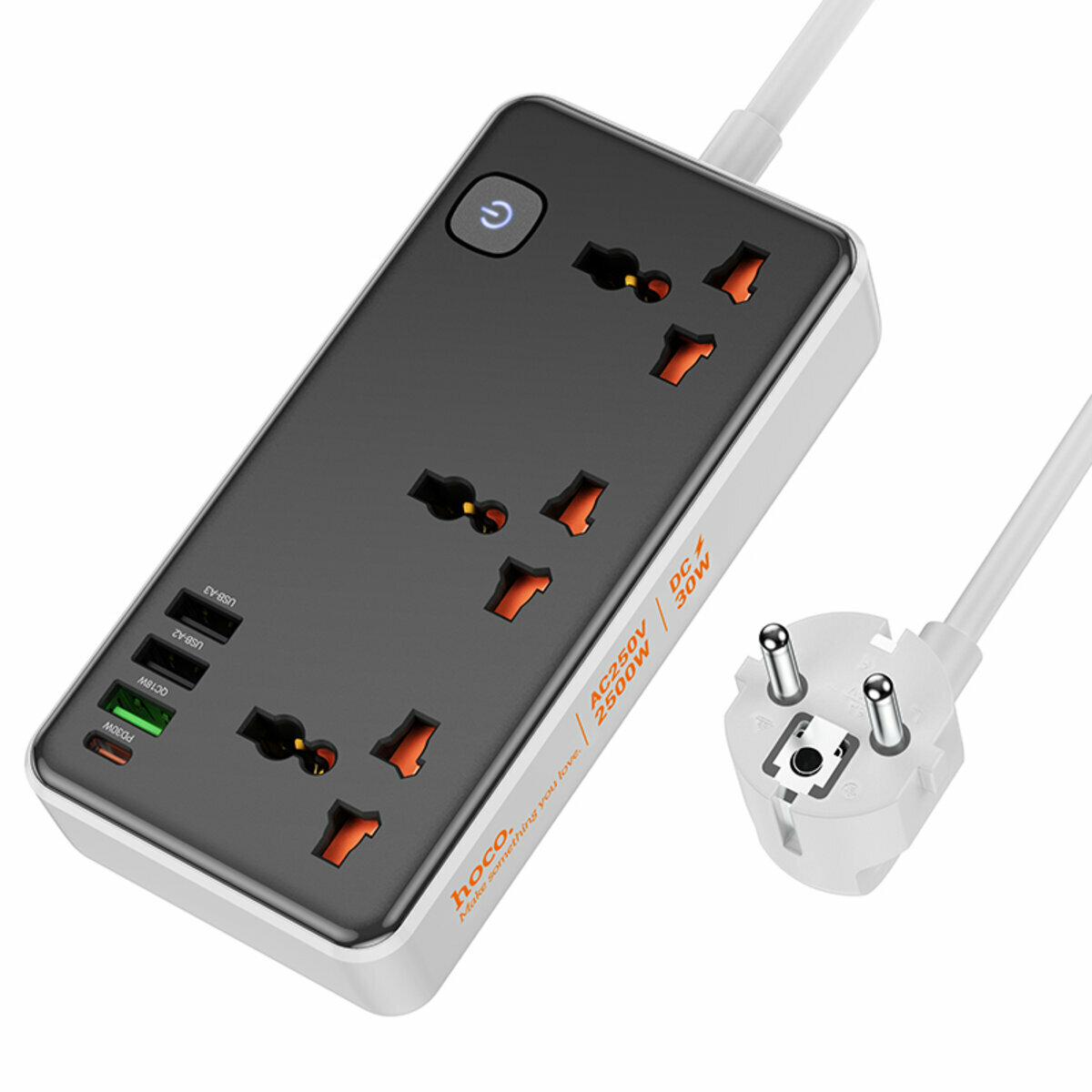 Сетевой фильтр Hoco AC8A Storm (3 розетки+3USB-A+USB-C) PD30W 1,5м черный (HC-AC8A-Black) смотреть фото №1