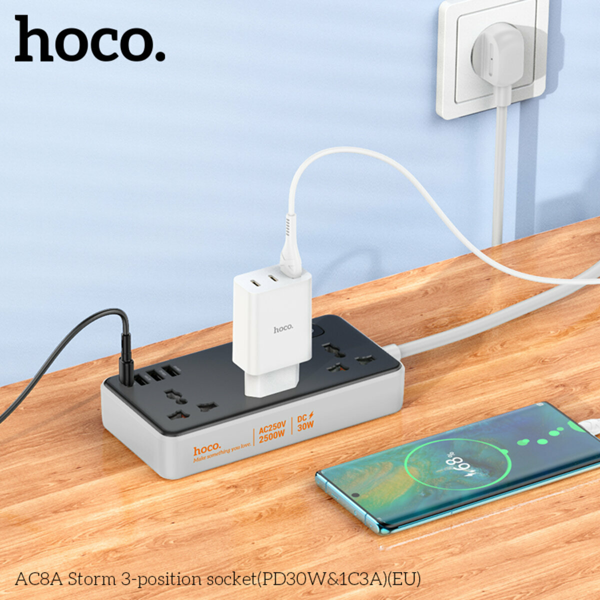 Сетевой фильтр Hoco AC8A Storm (3 розетки+3USB-A+USB-C) PD30W 1,5м черный (HC-AC8A-Black) смотреть фото №4