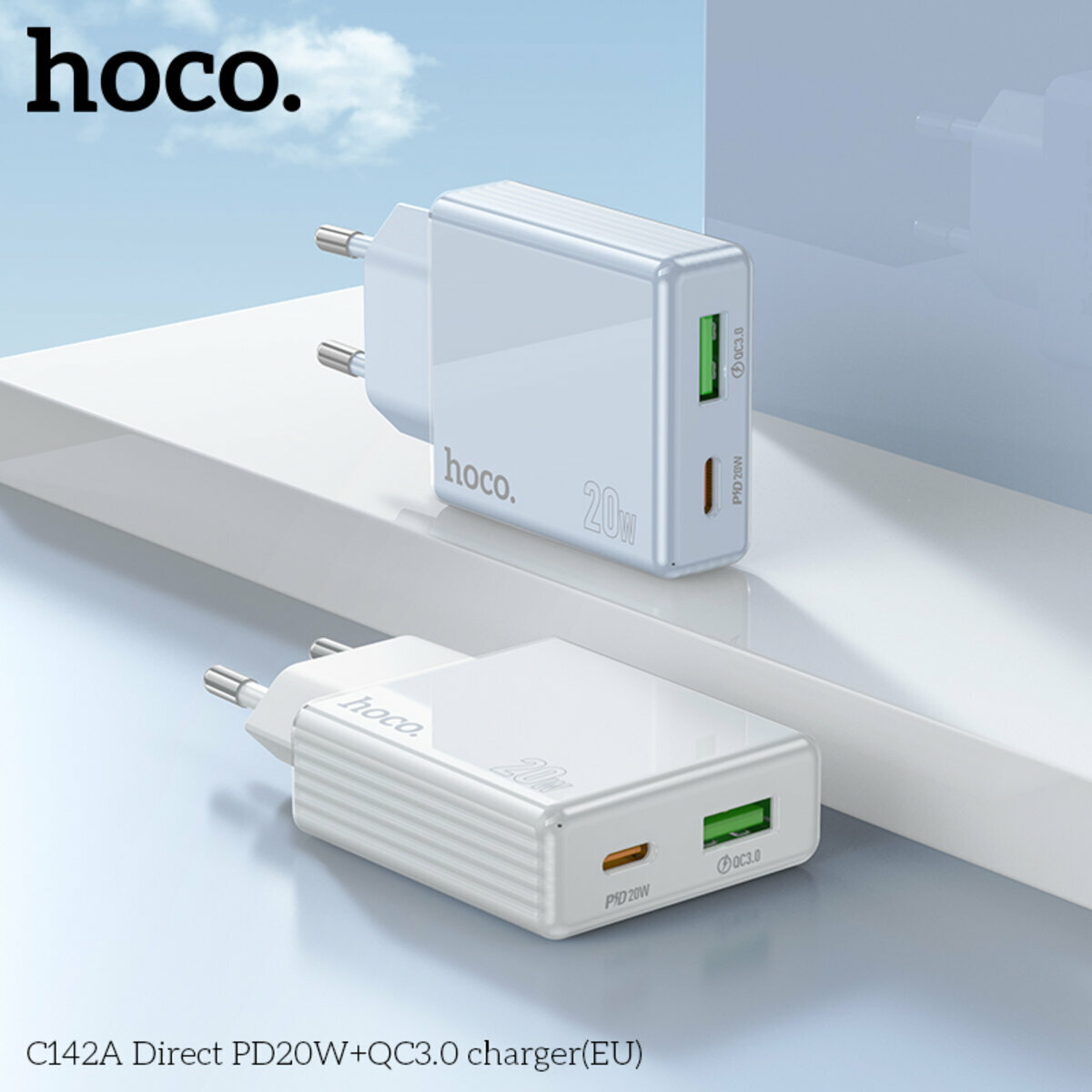 Мережевий зарядний пристрій Hoco C142A Direct PD20W+QC3.0 білий (HC-C142A-White) дивитися фото №3
