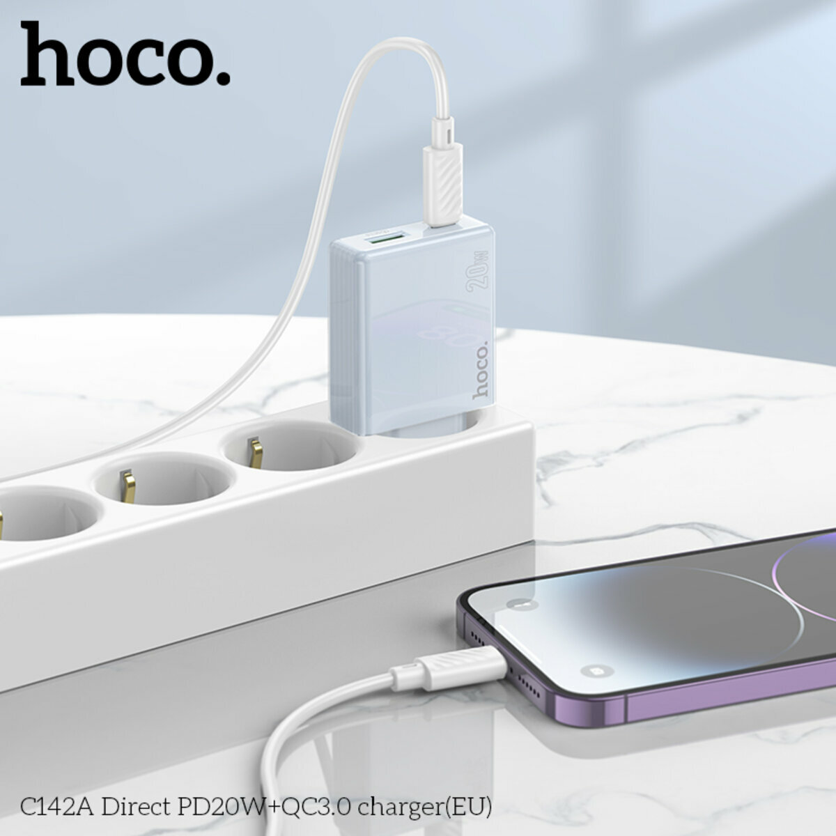 Мережевий зарядний пристрій Hoco C142A Direct PD20W+QC3.0 білий (HC-C142A-White) дивитися фото №4