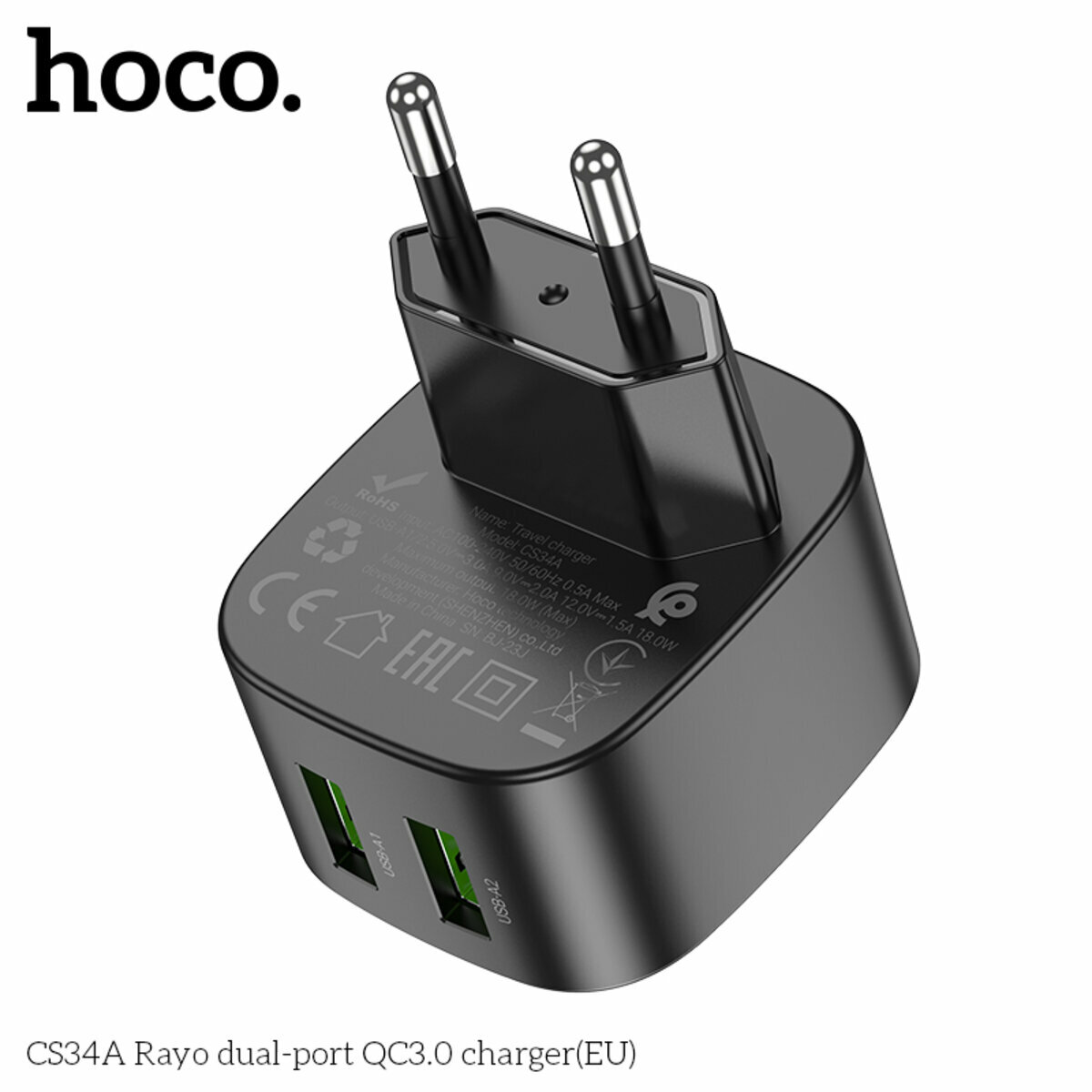 Мережевий зарядний пристрій Hoco CS34A Rayo QC3.0 чорний (HC-CS34A-Black) дивитися фото №6