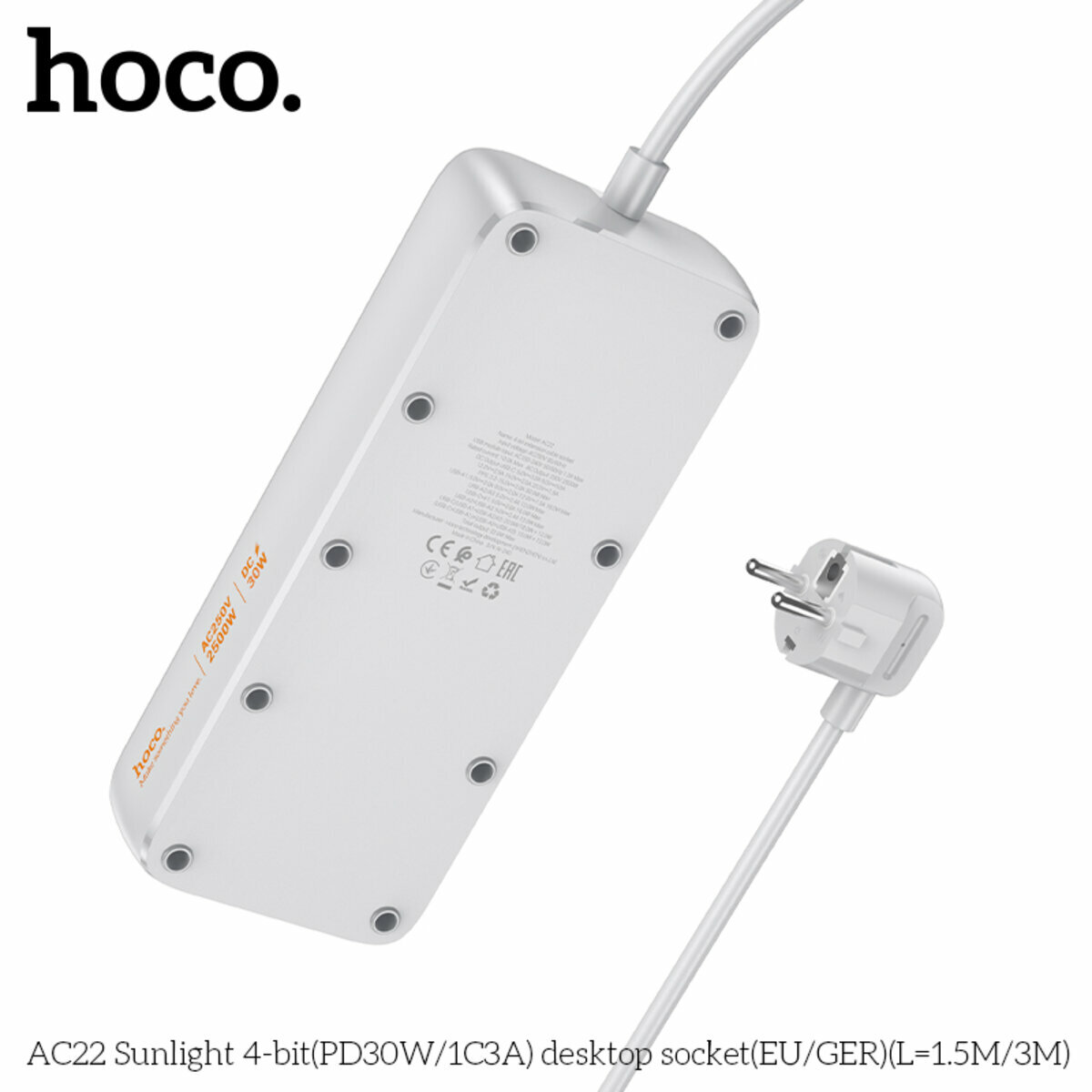 Сетевой фильтр Hoco AC22 Sunlight (4 розетки+3USB-A+USB-C) PD30W 1,5м белый (HC-AC22-White) смотреть фото №5