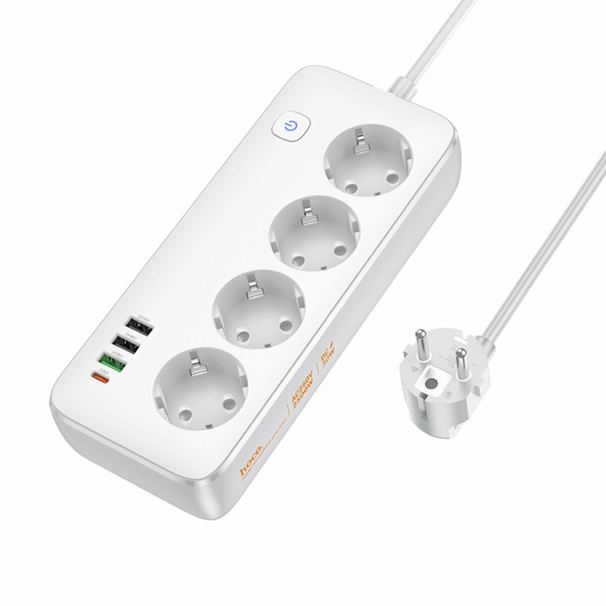 Сетевой фильтр Hoco AC22 Sunlight (4 розетки+3USB-A+USB-C) PD30W 1,5м белый (HC-AC22-White) смотреть фото №1