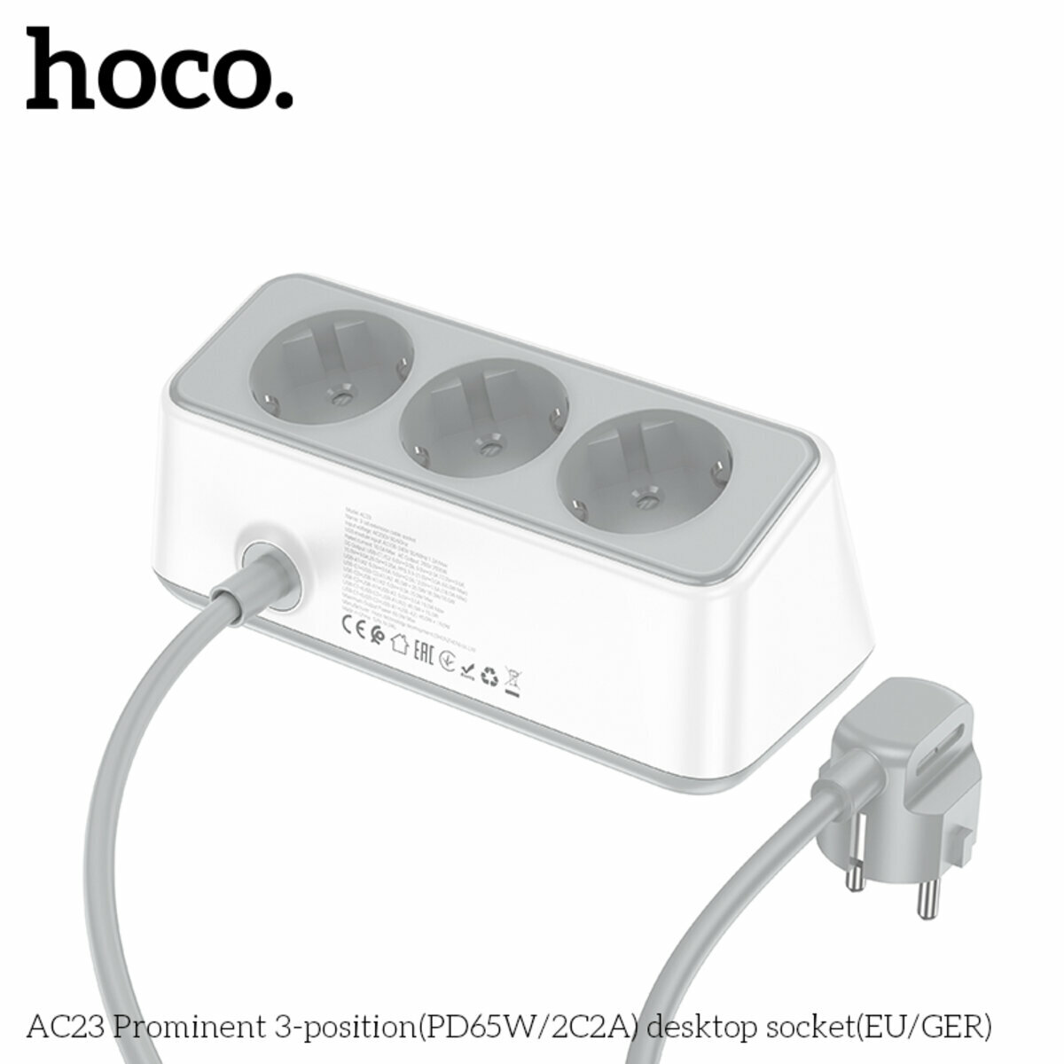 Сетевой фильтр Hoco AC23 Prominent (3 розетки+2USB-A+2USB-C) PD65W 2м белый (HC-AC23-White) смотреть фото №6