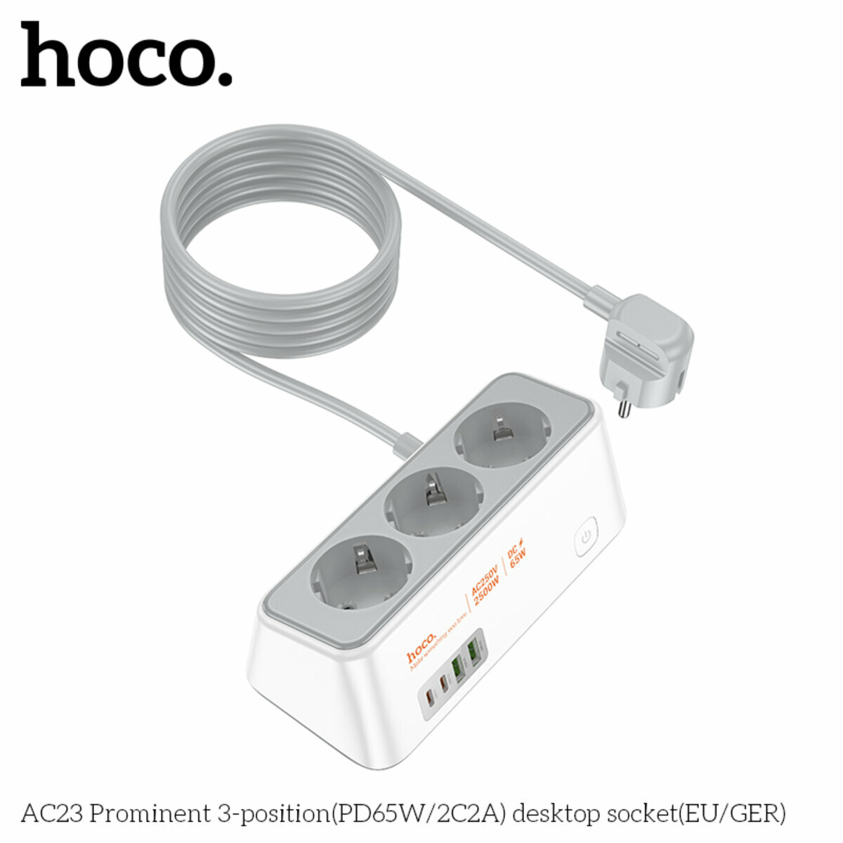 Сетевой фильтр Hoco AC23 Prominent (3 розетки+2USB-A+2USB-C) PD65W 2м белый (HC-AC23-White) смотреть фото №5