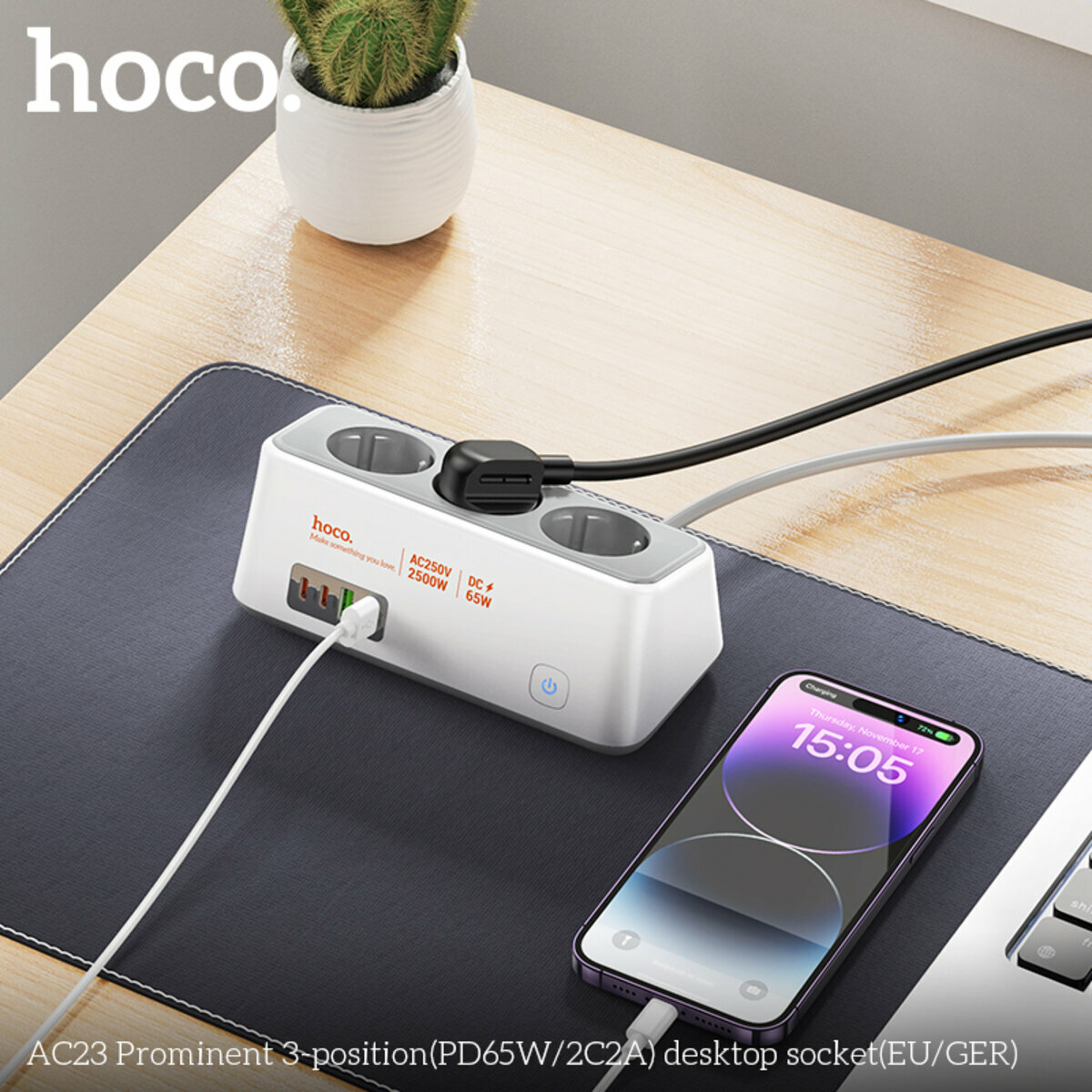 Сетевой фильтр Hoco AC23 Prominent (3 розетки+2USB-A+2USB-C) PD65W 2м белый (HC-AC23-White) смотреть фото №4