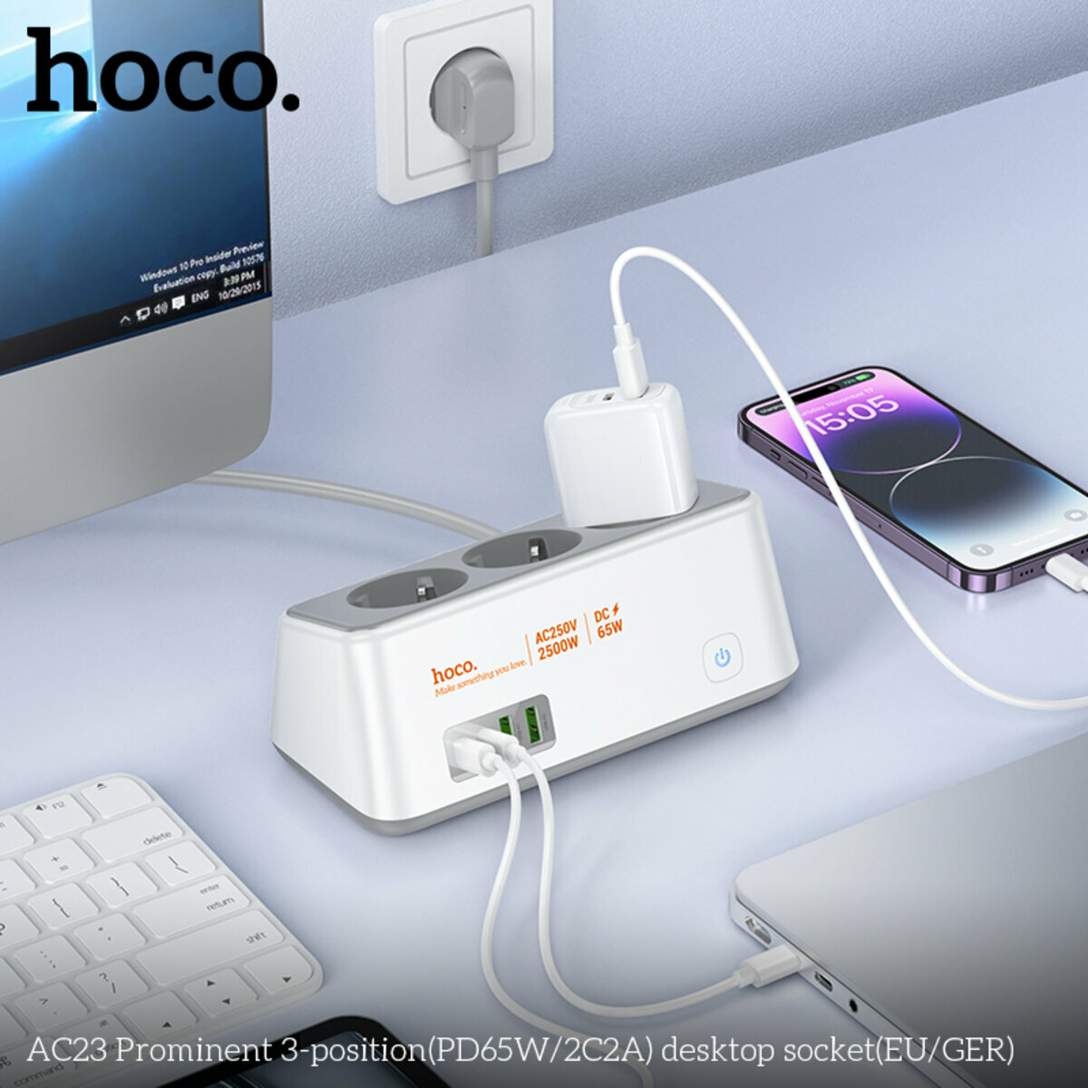 Сетевой фильтр Hoco AC23 Prominent (3 розетки+2USB-A+2USB-C) PD65W 2м белый (HC-AC23-White) смотреть фото №3