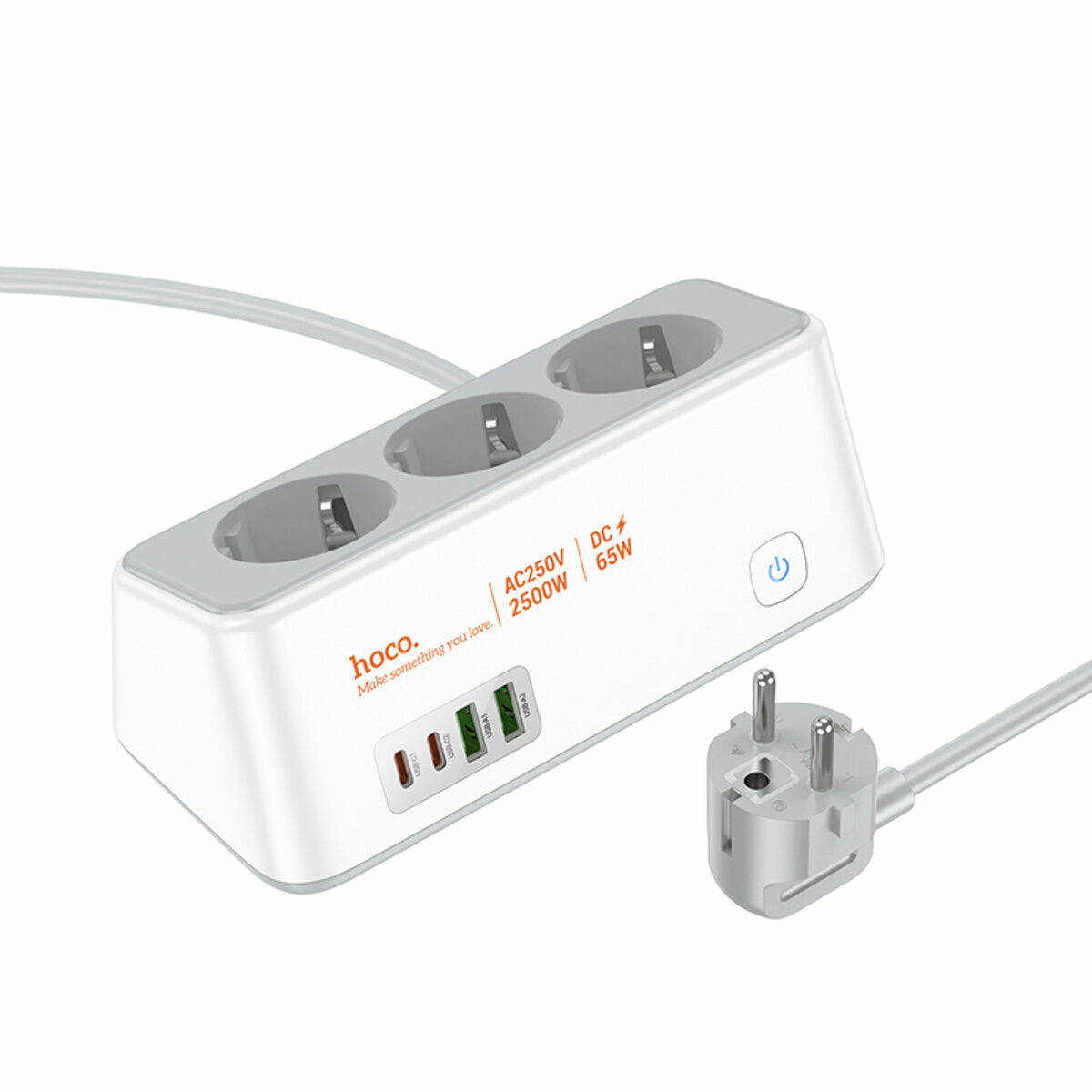 Сетевой фильтр Hoco AC23 Prominent (3 розетки+2USB-A+2USB-C) PD65W 2м белый (HC-AC23-White) смотреть фото №1