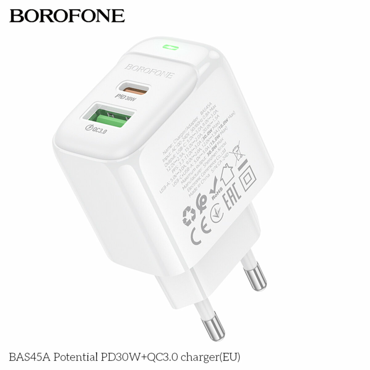 Мережевий зарядний пристрій Borofone BAS45A Potential PD30W+QC3.0 білий (BF-BAS45A-White) дивитися фото №6