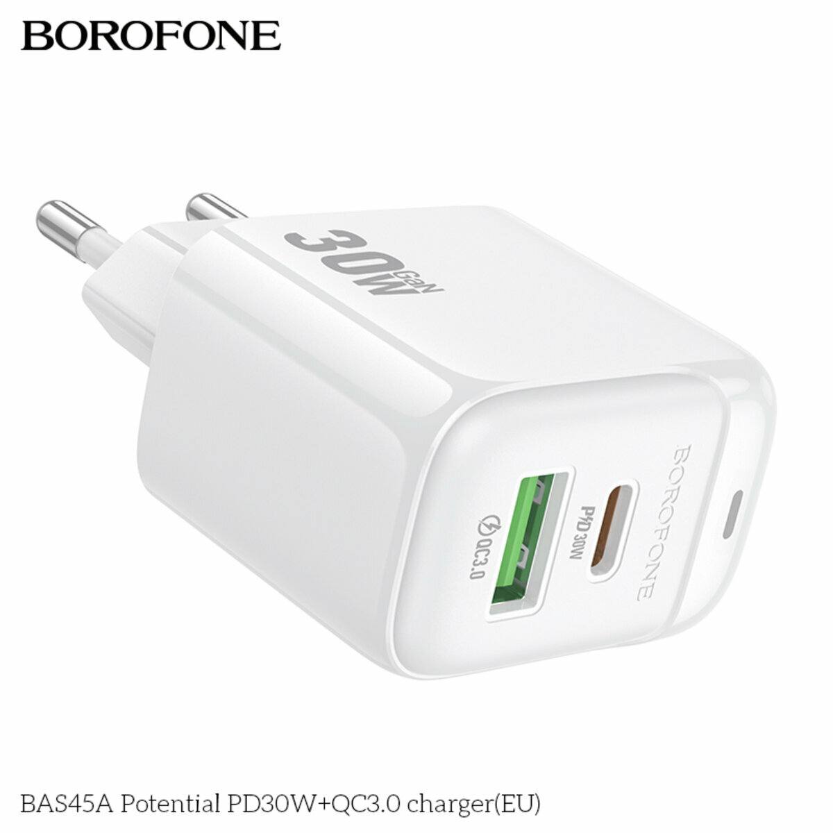 Мережевий зарядний пристрій Borofone BAS45A Potential PD30W+QC3.0 білий (BF-BAS45A-White) дивитися фото №5