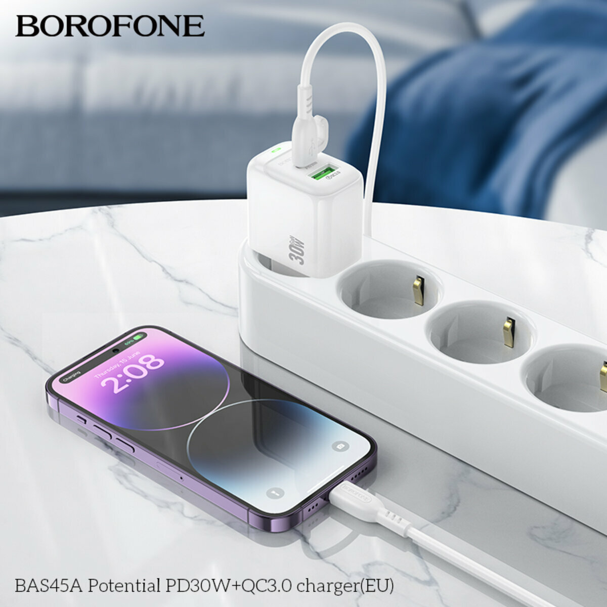 Мережевий зарядний пристрій Borofone BAS45A Potential PD30W+QC3.0 білий (BF-BAS45A-White) дивитися фото №8