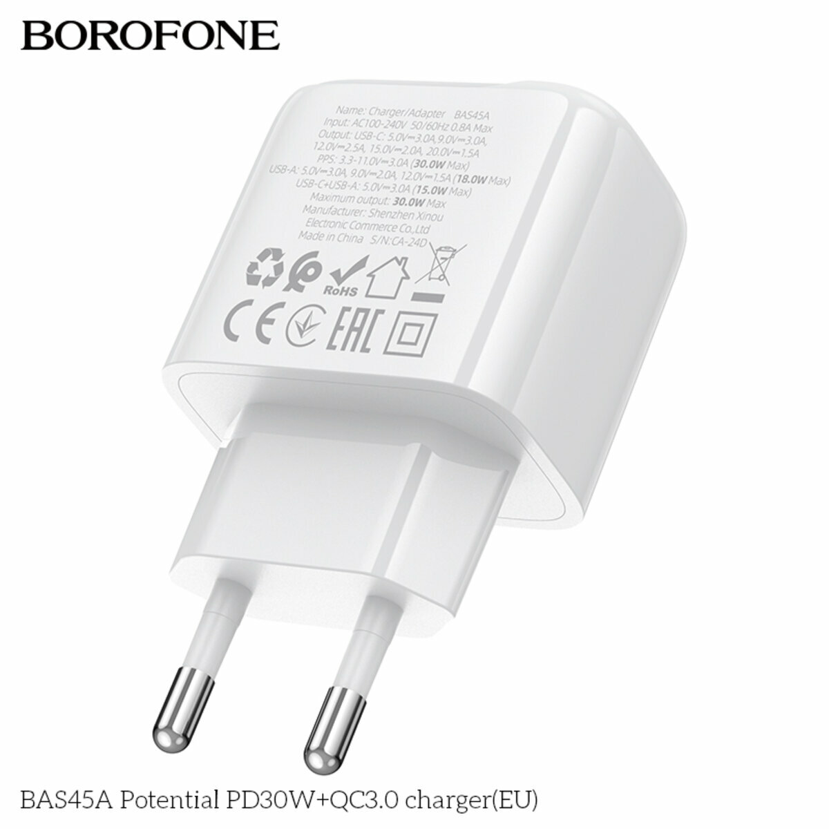Мережевий зарядний пристрій Borofone BAS45A Potential PD30W+QC3.0 білий (BF-BAS45A-White) дивитися фото №7