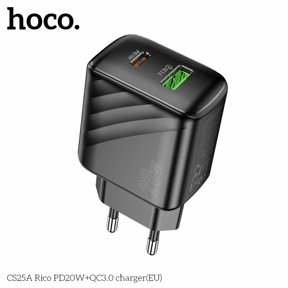 Мережевий зарядний пристрій Hoco CS25A Rico PD20W+QC3.0 чорний (HC-CS25A-Black) дивитися фото №2