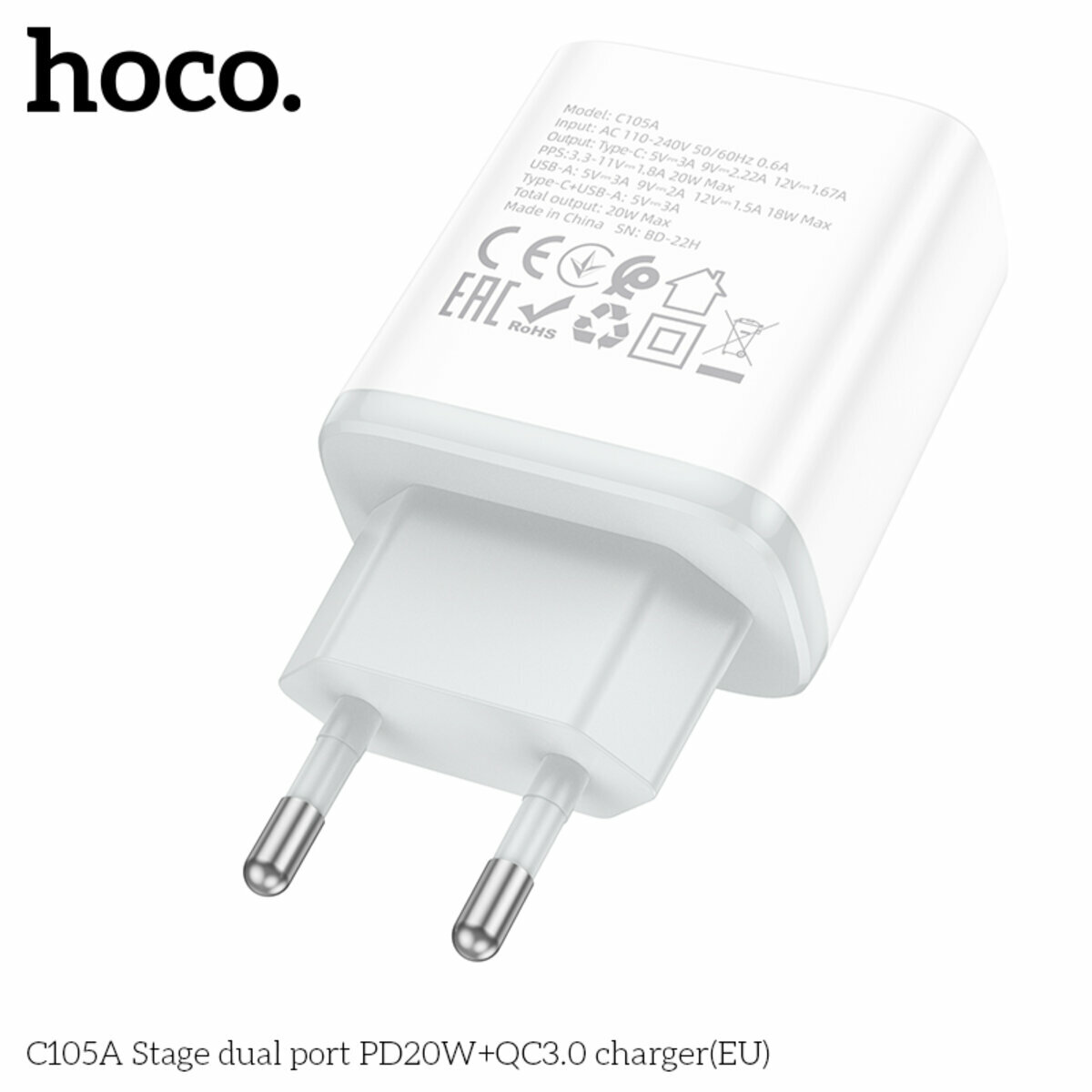 Мережевий зарядний пристрій Hoco C105A Stage PD20W+QC3.0 білий (HC-C105A-White) дивитися фото №5