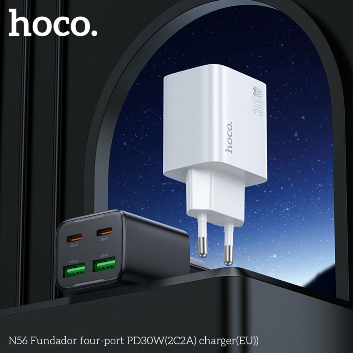 Мережевий зарядний пристрій Hoco N56 Fundador PD30W(2C2A) чорний (HC-N56-Black) дивитися фото №3