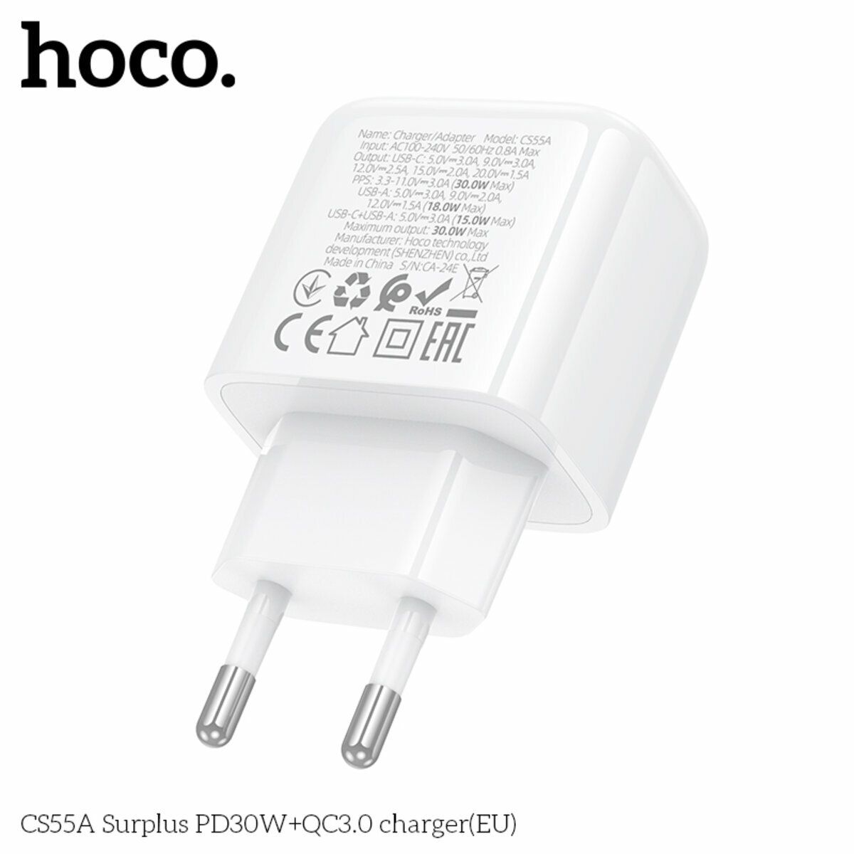 Мережевий зарядний пристрій Hoco CS55A Surplus PD30W+QC3.0 білий (HC-CS55A-White) дивитися фото №2