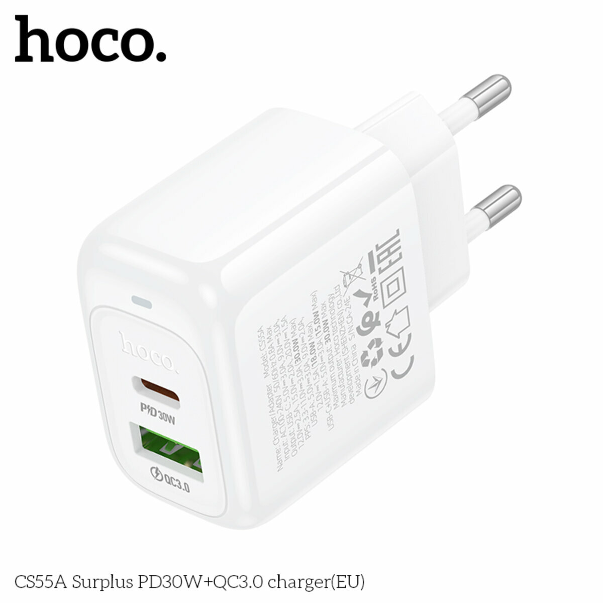Мережевий зарядний пристрій Hoco CS55A Surplus PD30W+QC3.0 білий (HC-CS55A-White) дивитися фото №6