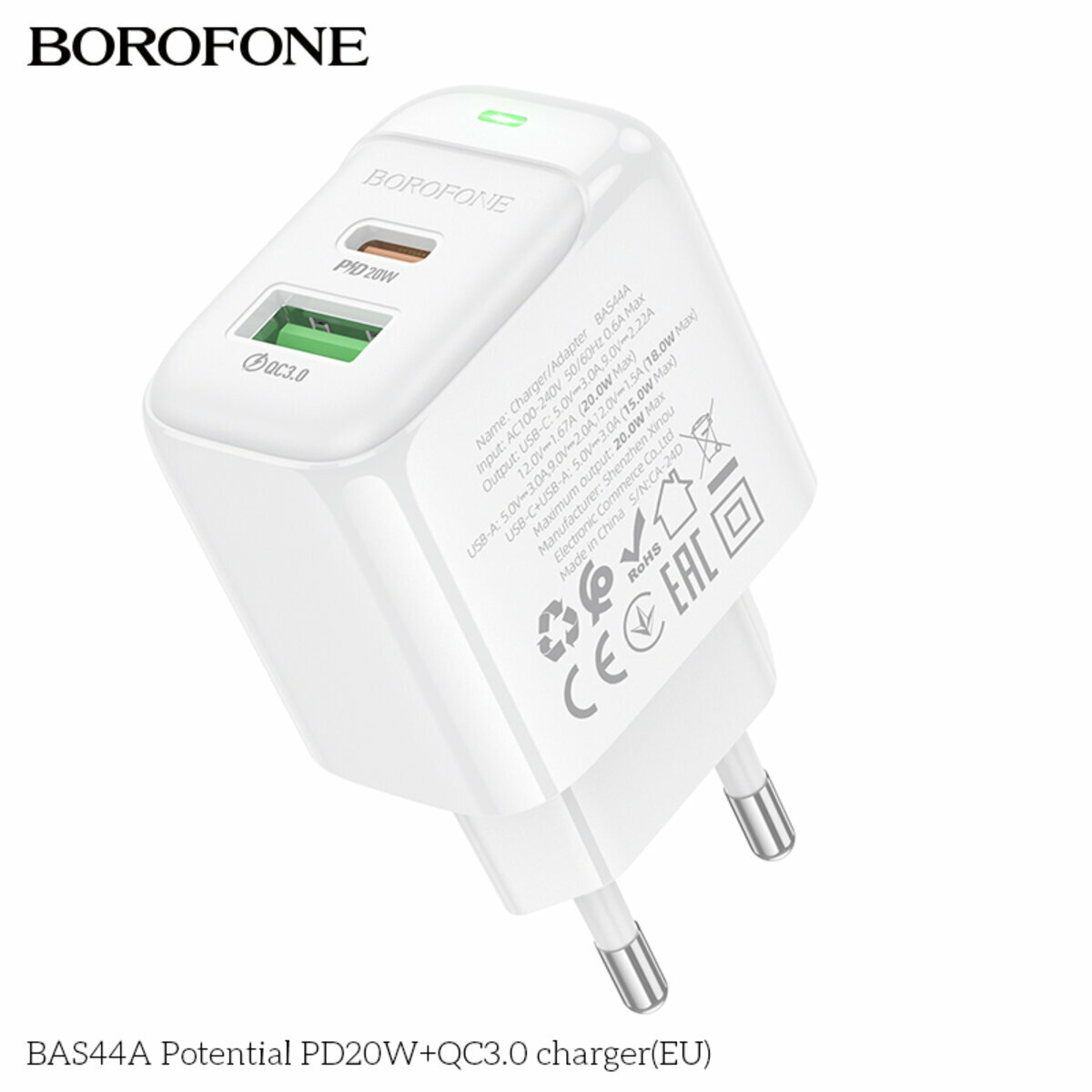 Мережевий зарядний пристрій Borofone BAS44A Potential PD20W+QC3.0 білий (BF-BAS44A-White) дивитися фото №6