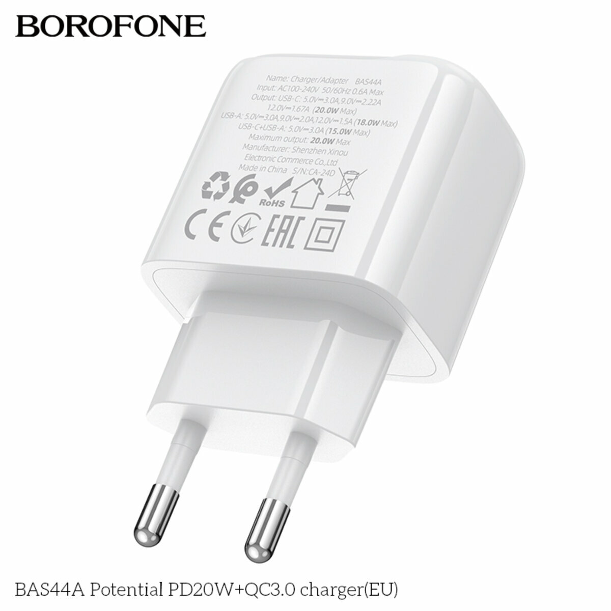 Мережевий зарядний пристрій Borofone BAS44A Potential PD20W+QC3.0 білий (BF-BAS44A-White) дивитися фото №5