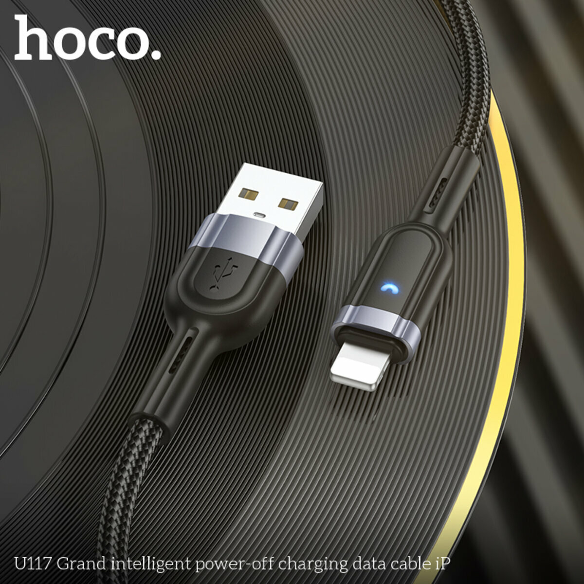 Кабель Hoco U117 Grand intelligent power-off USB to Lightning 1.2м чорний (HC-U117-UL-Black) дивитися фото №3
