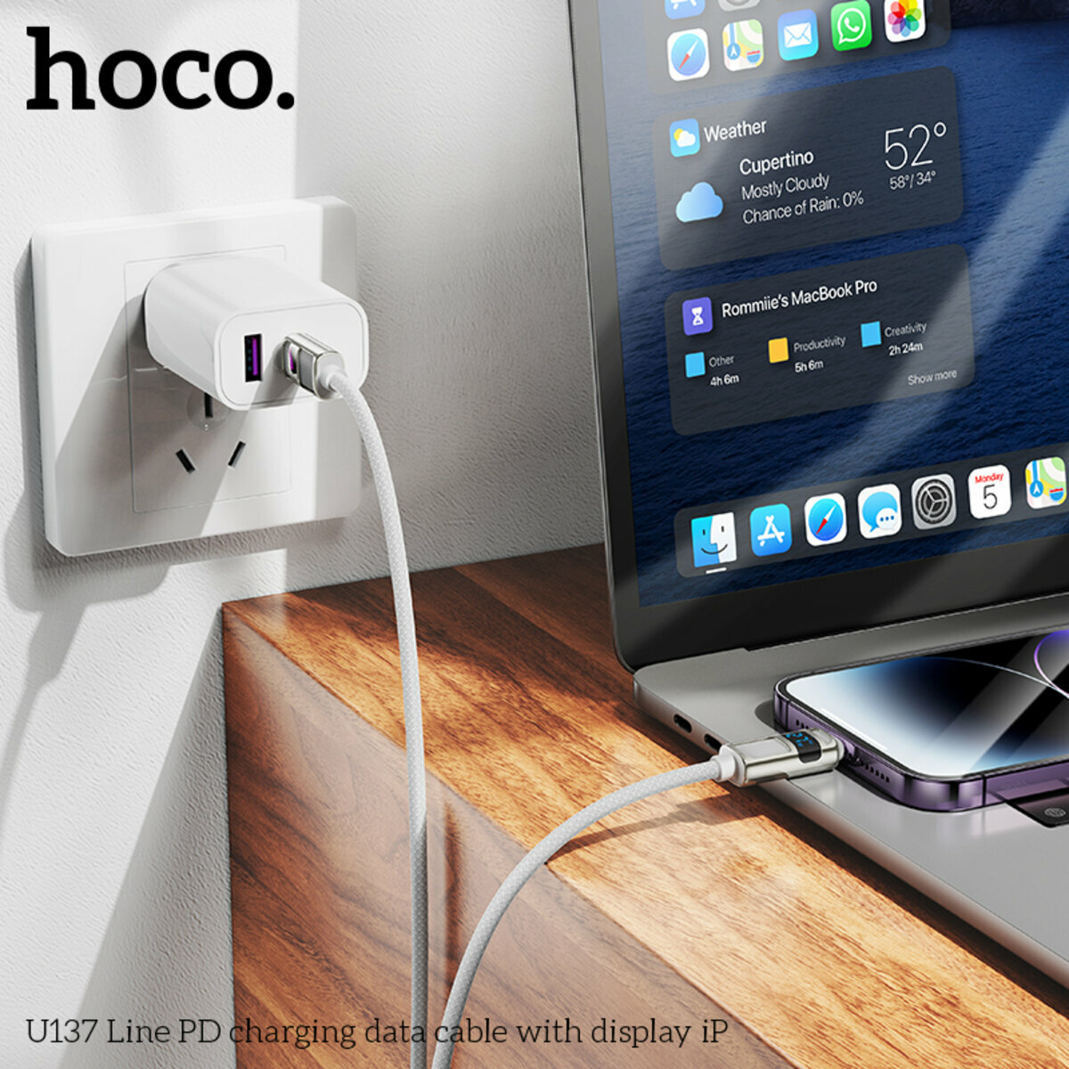 Кабель Hoco U137 Line PD с дисплеем Type-C to Lightning 1.2м черный (HC-U137-L-Black) смотреть фото №3