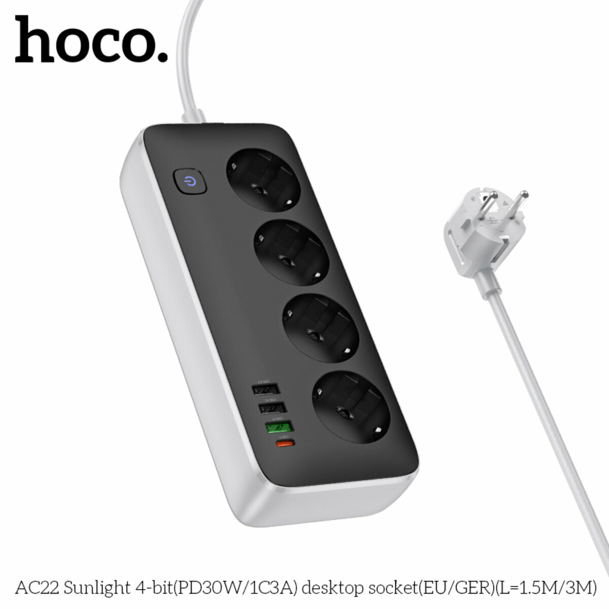 Сетевой фильтр Hoco AC22 Sunlight (4 розетки+3USB-A+USB-C) PD30W 3м черный (HC-AC22-3m-Black) смотреть фото №6