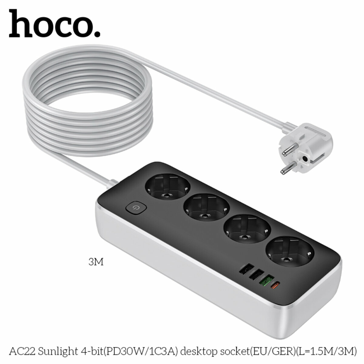 Сетевой фильтр Hoco AC22 Sunlight (4 розетки+3USB-A+USB-C) PD30W 3м черный (HC-AC22-3m-Black) смотреть фото №5