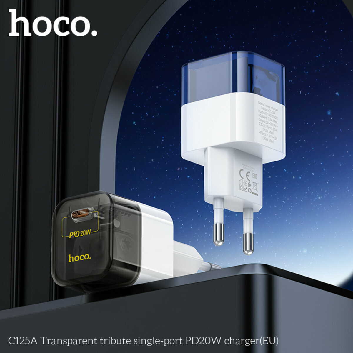 Мережевий зарядний пристрій Hoco C125A Transparent tribute PD20W чорний прозорий (HC-C125A-Black) дивитися фото №3
