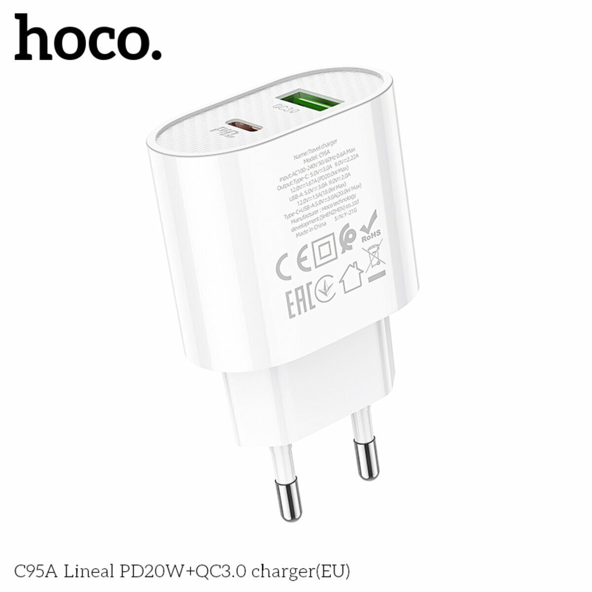 Мережевий зарядний пристрій Hoco C95A Lineal PD20W+QC3.0 білий (HC-C95A-White) дивитися фото №6