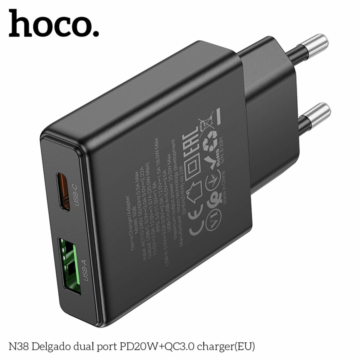 Мережевий зарядний пристрій Hoco N38 Delgado PD20W+QC3.0 чорний (HC-N38-Black) дивитися фото №5