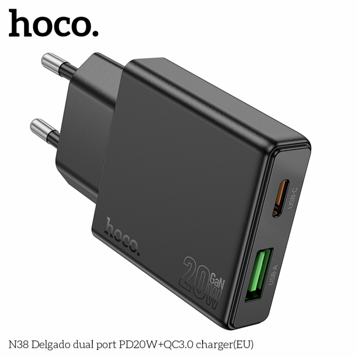Мережевий зарядний пристрій Hoco N38 Delgado PD20W+QC3.0 чорний (HC-N38-Black) дивитися фото №3